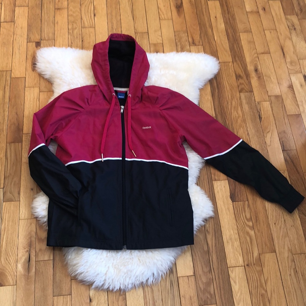 REEBOK full zip track jacket in red, black and white. Size Medium.